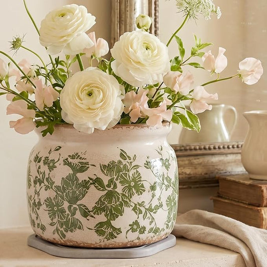 Tuscan Ceramic Planter with Decorative Tray, Plant Lover Gifts for Women | 7.7" Large Indoor Flower Pot, Handmade Retro Crackled Plant Pot, Cottage Country Home Decor, Gardening Gifts