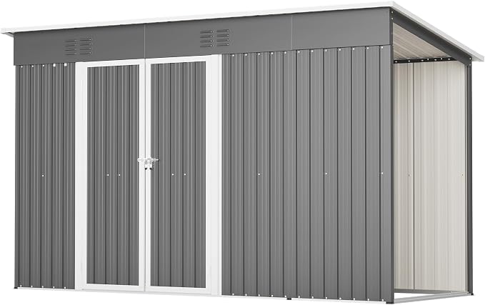 YOPTO 10x4 FT Outdoor Storage Shed, Metal Sheds with Floor Base & Open Firewood Storage,Steel Garden Shed with Lockable Doors,Sloped Roof,Windows, 2 in 1 Large Tool Shed for Patio, Backyard, Lawn.Gray