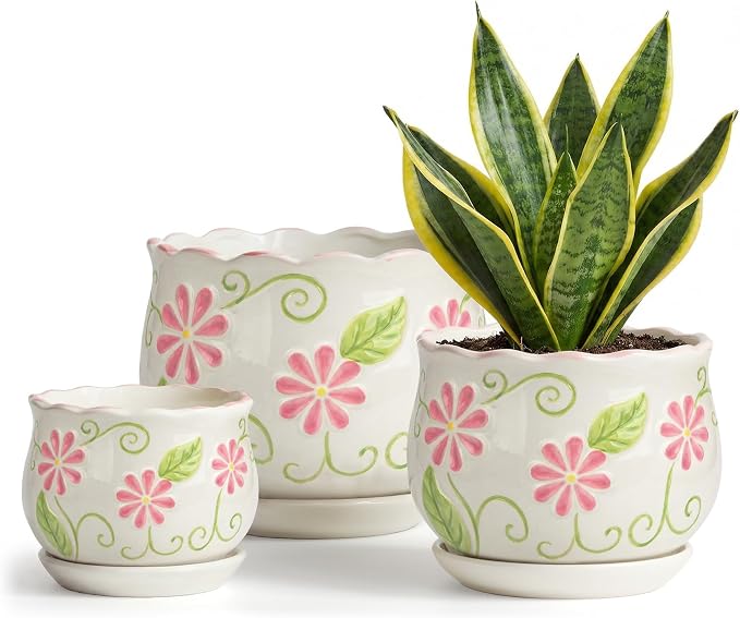 STHIE Pink Ceramic Flower Pots, 4"+5.2"+6.6" Inch Small Flower Pots for Indoor Plant with Drainage Hole,Modern Decorative Plant Pots Set of 3, Indoor Planters with Saucer