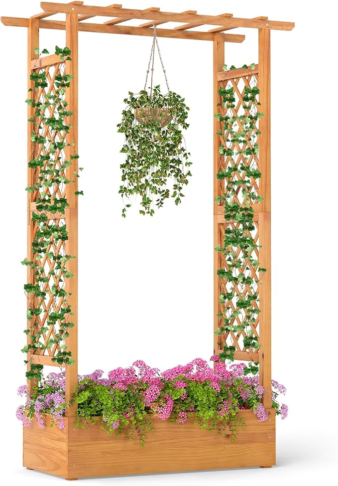 S AFSTAR Wooden Raised Garden Bed with Trellis, 70" Elevated Planter Box with Hanging Roof & Open-Ended Base for Climbing Vine Flower Herb Vegetable, Outdoor Plant Container for Patio & Yard