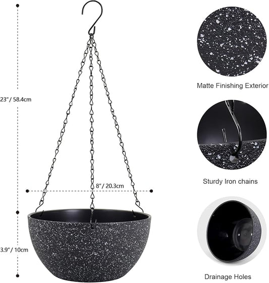Meowell 8 inch Small Hanging Planters for Indoor Outdoor Plants, 2 Pack Hanging Flower Plant Pots with Drainage Holes and Chain for Porch, Plastic Hanging Baskets for House Plants, Speckled Black