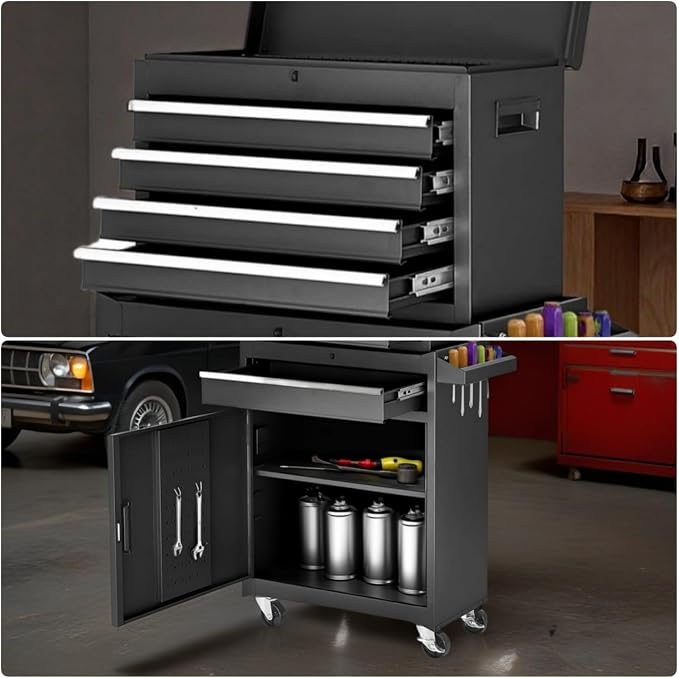 Tool Chest, 5-Drawers Rolling Tool Storage Cabinet with Lockable Wheels, Detachable Top, Adjustable Shelf & Locking Mechanism, Multifunctional Tool Cart for Garage Warehouse, Black