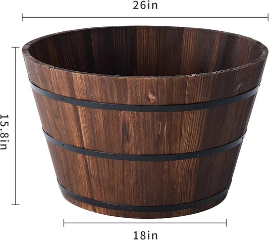 26-inch Wooden Barrel Planter, Perfect for Outdoor Plants, Whiskey-Style Garden Pot, Large Flower Container, Made of Sturdy Solid Wood, Suitable for Herbs, Succulents, and shrubs