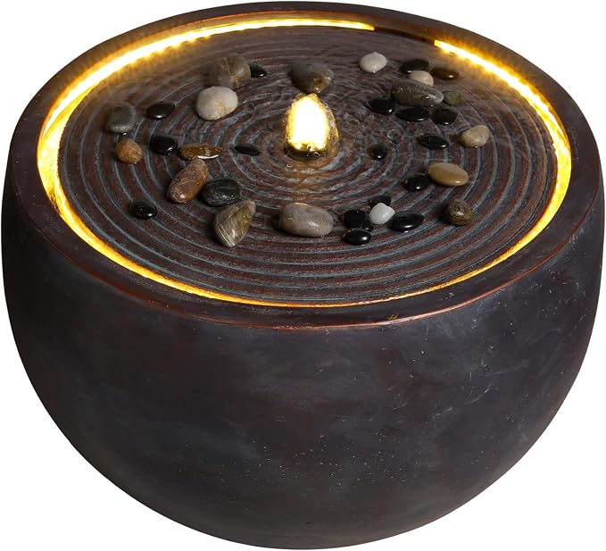 12.2" Outdoor Water Fountain, Modern Round Bowl Ripple Design, Outdoor Freestanding Water Fountain with LED Lights and Pump, Garden Water Feature, Polyresin Stone Finish, Pink Purple