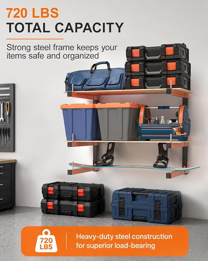 Lumber Storage Rack Wall-Mounted Lumber Racks Heavy Duty Wood Storage Rack with 6-Level Holds Up 720 LBS Sturdy Folding Garage Wood Organizer Orange Shelving Metal Shelf for Indoor & Outdoor- 4 Pack