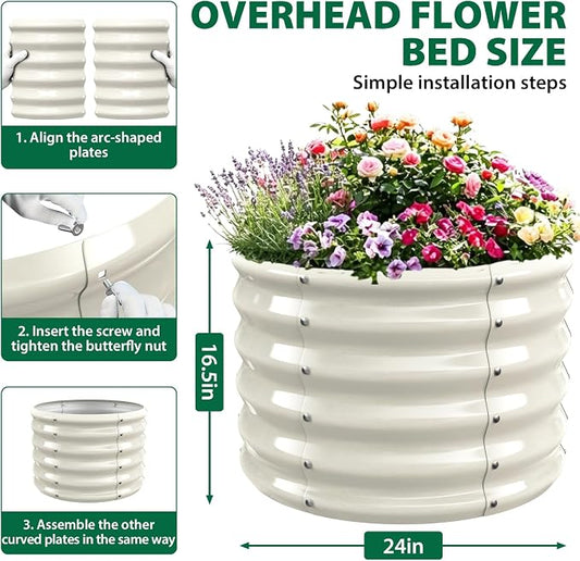 24" Diameter Round Raised Garden Bed - 17 Inch Tall, Heavy-Duty Galvanized Steel Planter Box with Wave-Shaped Panels for Vegetables, Herbs & Flowers (2, White, 24 Inch Diameter)