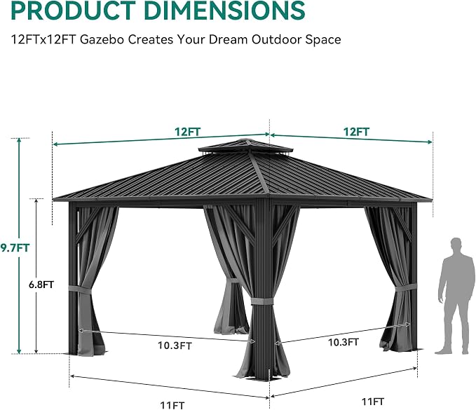 YITAHOME 12x12ft Hardtop Gazebo with Nettings and Curtains | Heavy Duty Double Roof Galvanized Steel Outdoor Combined of Vertical Stripes Roof for Patio, Backyard, Deck, Lawns, Gray