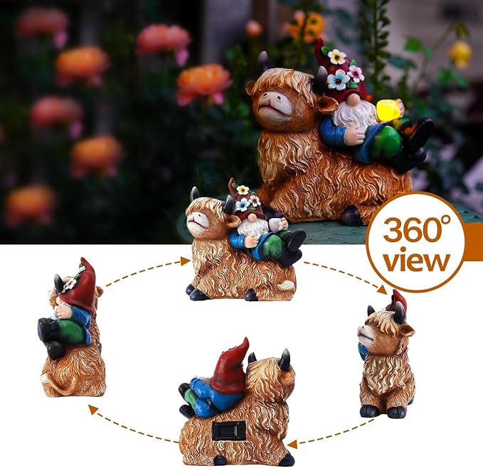Pohabery Garden Gnomes Decor Outdoor Statues Gnome on Highland Cow Hold Solar Cup Light Outdoor Decorations for Patio,Yard and Gift for Mom(L