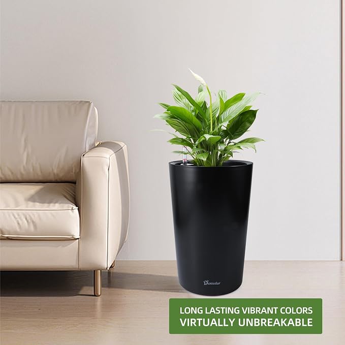 Dexceder 16x12 Self Watering Tall Planter (Black Matte) | High Cylinder, Thickened Large Floor Standing Flower Plant Pot with Water Level Indicator Indoor Outdoor