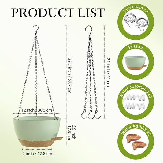 12 Inch Hanging Baskets 2 PC with Chains, Self-Watering Hanging Planters for Indoor Outdoor Plants, Plastic Hanging Flower Pots,Green Brown