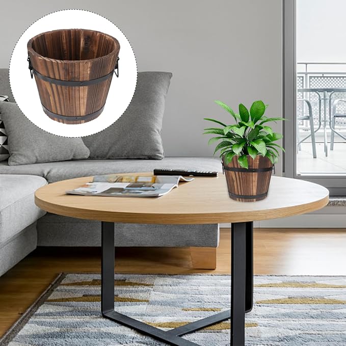 DOITOOL Rustic Wooden Barrel Planter: Wood Whiskey Barrel Bucket Flower Pots Indoor Outdoor Plants Boxes Container for Home Garden Patio Backyard - 7.08 x 5.9 x 5.1 inches (Large)