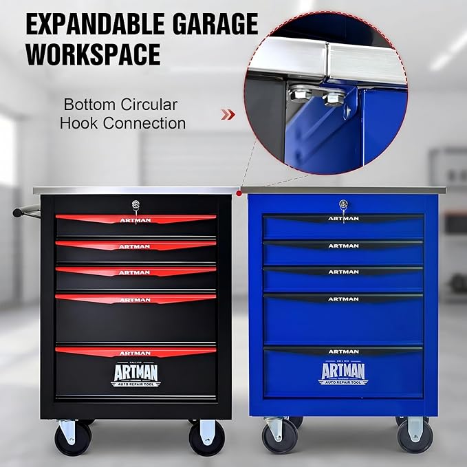 5-Drawer Rolling Tool Chest, Lockable Stainless Worktop for Garage,Blue | Heavy Duty Metal Tool Cabinet with Drawers on Wheels for Warehouse and Workshop Storage