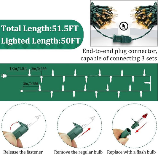 Warm White Christmas Lights Outdoor, 50FT 200 Count Incandescent Mini Christmas Lights Green Wire, Waterproof Fairy Lights, Connectable Xmas String Lights for Christmas Tree, Garland, Wedding Decor