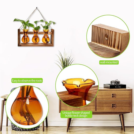 Plant Propagation Station Plant Terrarium Unique Birthday Gifts for Women | Plant Lovers Home Office Decor Planter with Wooden Stand - 3 Bulb Glass Vase