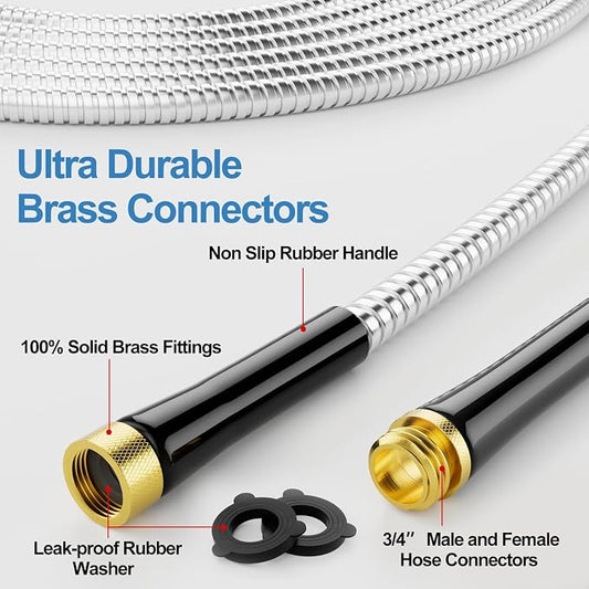SPECILITE 25 FT Garden Hose, 304 Stainless Steel Metal Heavy Duty Flexible Water Pipe, Kink Free, Durable, Lightweight for Yard, Outdoor with Rubber Grip