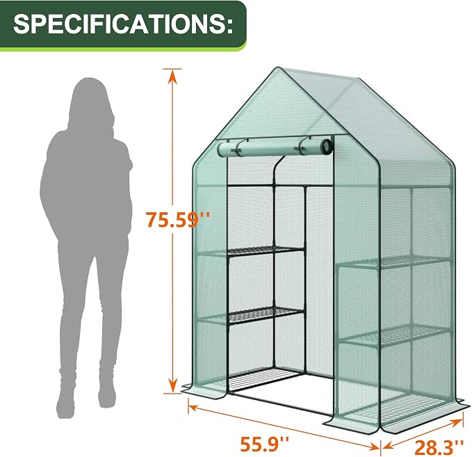 3 Tier 6 Shelves Mini Walk-in Greenhouse, 56 x 28 x 76 inch, Durable PE Cover Green House Kit with Anchors and Ropes, Outdoor Plant Gardening Hot House for Growing Vegetables, Flowers