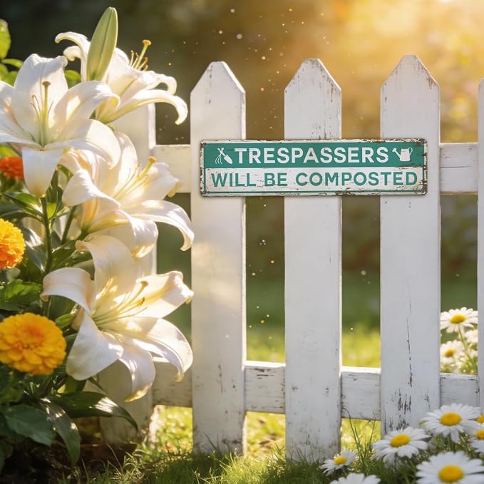 Garden Metal Tin Sign, Rustic Farmhouse Decor, Trespassers Will Be Composted Sign, Gardening Wall Art, for Yard Fence Door Porch, Funny Indoor Outdoor Garden Decoration, 15.7 x 3.9 Inches
