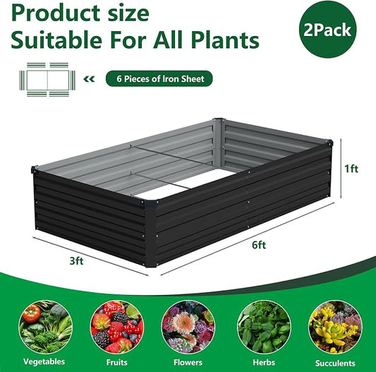 Vengarus 2PCS 6x3x1ft Galvanized Raised Garden Beds Kit,Planter Box Black | Galvanized Steel, Rectangular Metal Planter Raised Beds, Vegetables, Herbs, Flowers, Easy Assembly, Rustproof Safe Backyard