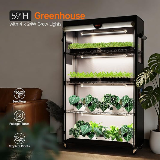 Bstrip Indoor Greenhouse with Grow Light, Plant Shelf with Oxford Fabric Grow Tent , Indoor Greenhouse Cabinet for Indoor Plant, Seed Starting, Seed Tray, 35.4"x13.8"x59"