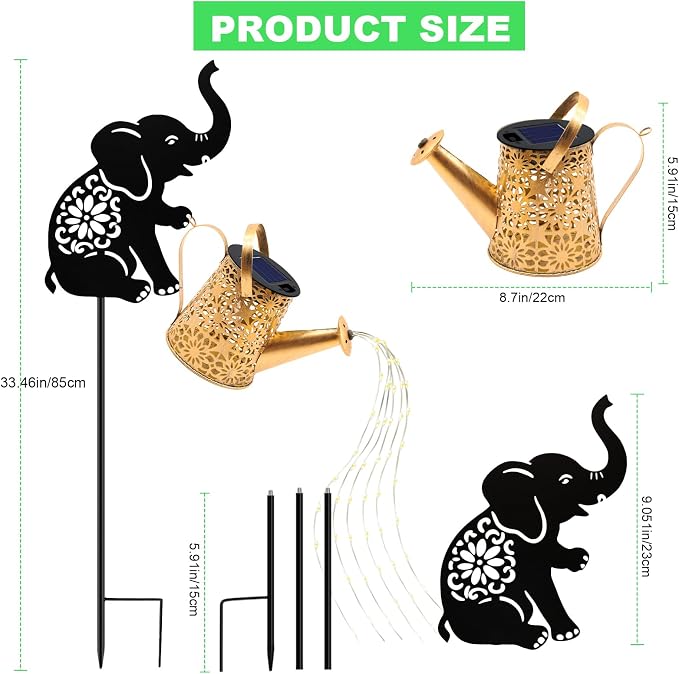 VOOKRY Solar Lights Outdoor,Watering Can with Elephant Silhouette Stake | Garden Gifts for Mom,Women&Garden Lovers Waterproof Metal Garden Water kettle,Decorative Yard Patio Lawn Pathway Decor(1Pack)