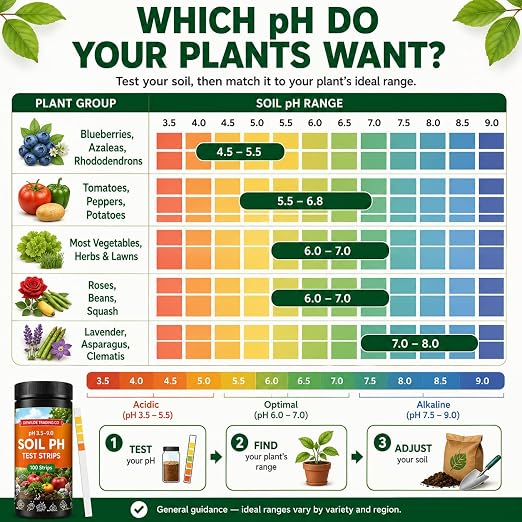 Soil Test Kit – 100 Soil pH Test Strips (3.5–9 Range) for Garden, Lawn & Indoor Plants – Easy At-Home Soil Testing