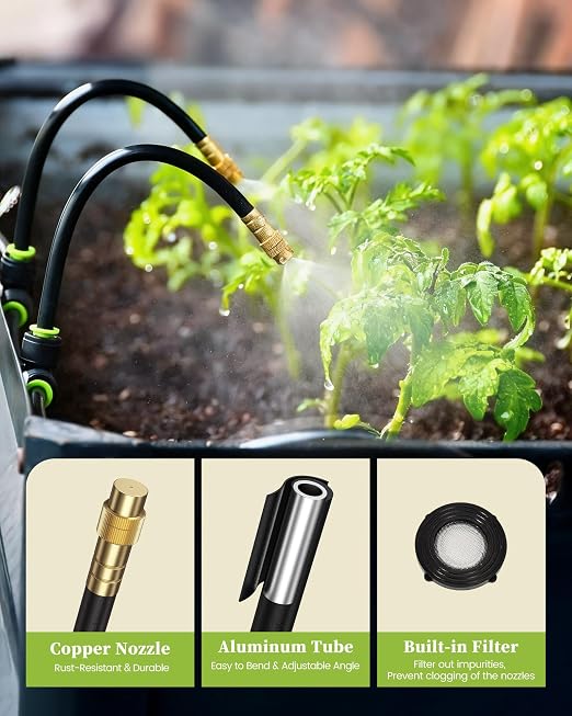 RAINPOINT 100FT Drip Irrigation System with 30pcs Adjustable Copper Nozzles | Garden watering kit with 360° adjustable atomizing sprayers for greenhouse, lawn, raised beds, flower beds, vegetable gardens