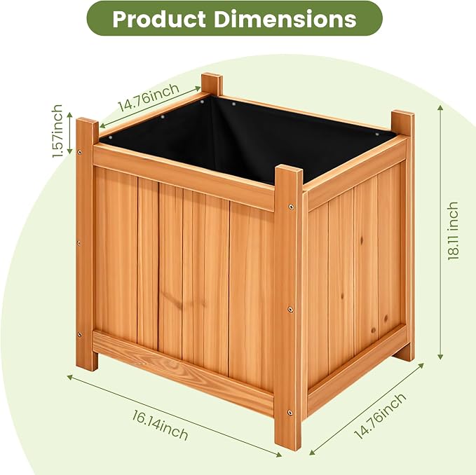 2-Pack 16" Square Fir Wood Planter Boxes with Drainage Holes | Set of 2 fir wood planters with removable bases, liners, and drainage holes for flowers, herbs, porch, patio, or garden