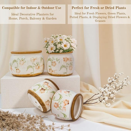 Vintage Ceramic Flower Pot - Indoor Outdoor Planters with Drainage Holes & Filter Screen, 6.5’’ Small Rustic Farmhouse Decorative Plant Pots for Garden/Patio/Balcony (Daisy Bouquets, Small)