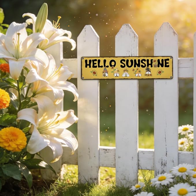 Garden Metal Tin Sign, Hello Sunshine Sign, Vintage Sunflower Farmhouse Wall Art, for Yard Fence Porch, Rustic Outdoor Garden Decoration, Gifts for Gnome Lovers, 15.7 x 3.9 Inches