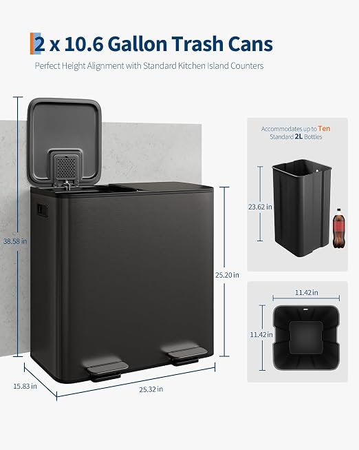 GarveeHome 2 x 10.6 gal (2 x 40 L) Double Kitchen Trash Can, Stainless Steel Large Trash Can w/Soft-Close Lid & Recycle Bin Combo, Step-on Metal Garbage Cans, PP Inner Buckets, Liner Rim, Black