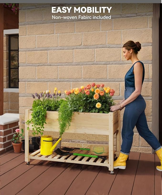Rolling Elevated Planter Box on Wheels, 48x24x30 Inch Mobile Raised Garden Bed with Locking Casters, Storage Shelf, Wooden Outdoor Planter for Vegetables Flowers Patio Backyard, Natural Wood