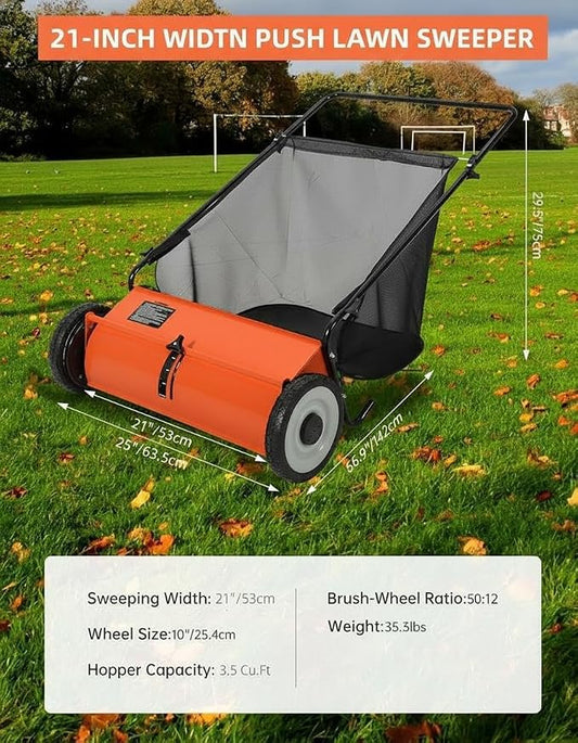 GarveeLife 21 Inch Push Lawn Sweeper with 4 Spinning Brushes, 3.5 Cu.ft Large Capacity Leaf Collector, Adjustable Height Grass Sweeper, All Terrain Lawn Leaf Debris Removal Tool for Yard Garden Patio