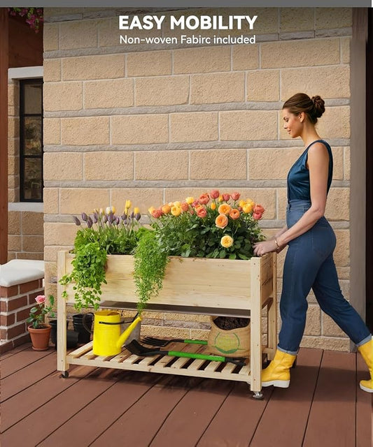KYBOLT Raised Garden Bed with Legs and Wheels, Wooden Raised Planter Box with Storage Shelf, Protective Liner, Mobile Elevated Wood Planter for Backyard, Patio, Balcony Natural, 48"×24"×30"