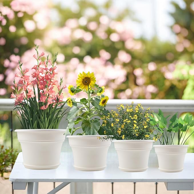 Pottiffe 8 Inch Plastic-Flower Pot-for-Indoor Plants, 4 Pack Large Outdoor Planter Pot with Drainage Holes & Saucers, Resin Decorative Garden Pots Planters