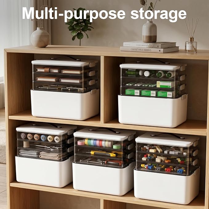 Spreezy 4-Tier Medicine Storage Box, Portable Empty First Aid Kit | Cabinet with Leather Handles. Large Capacity Multifunctional Storage Box with Lid and Clasp for Medicine, Sewing, Art, Craft