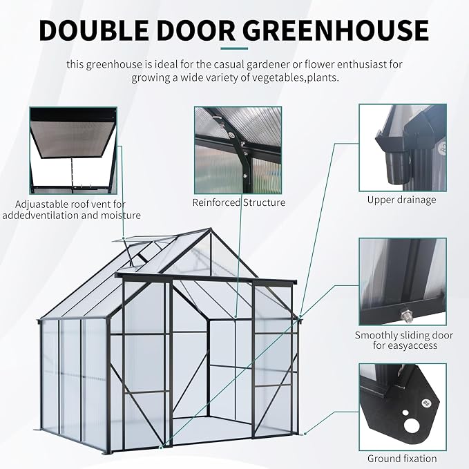 8x6 FT Greenhouse, Walk-in Polycarbonate Greenhouses with Double Sliding Doors, Aluminum Frame, Adjustable Roof Vent, Raised Base & Anchor, Outdoor Backyard Greenhouse for All Seasons, Black