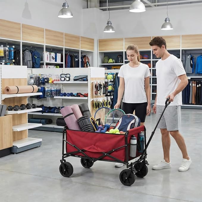 DUMOS Collapsible Wagon Cart, Heavy Duty Foldable Utility Wagon with Lockable Brake Wheels – 330 lbs Capacity, Flexible Handle for Beach, Garden, Sports, Grocery & Camping, Red