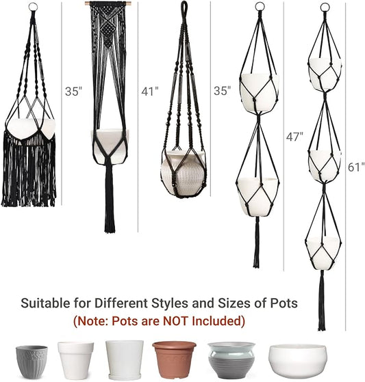 Mkono Macrame Plant Hangers, 5 Pack Different Tiers Indoor Hanging Planters Basket with 5 Hooks Decorative Flower Pots Holder Stand Boho Home Decor, Black