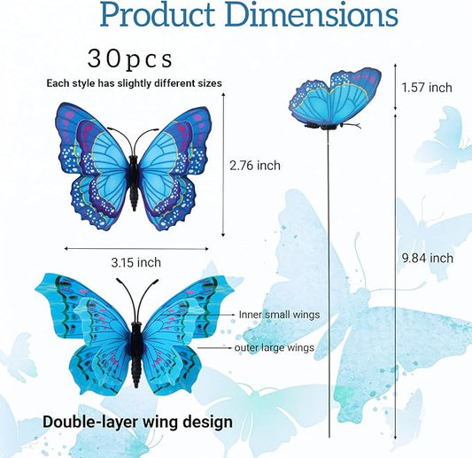 30PCS Blue Butterfly Decorations Artificial Garden Stakes for Garden Decor | 3D Double Layer Waterproof Flower Arrangements Outdoor Indoor Spring Garden Decor