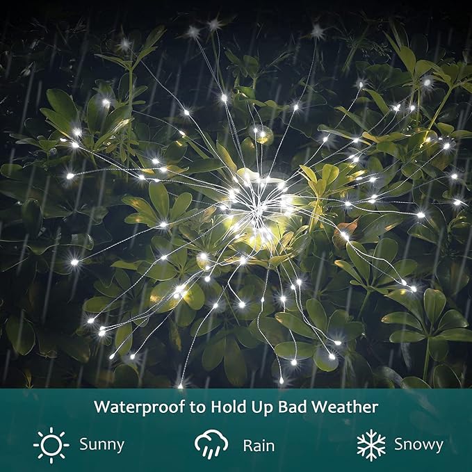 JJGoo Solar Firework Lights, 2 Pack 180 LEDs 2 Lighting Modes Solar Lights Outdoor Waterproof for Garden Patio Walkway Pathway Party Wedding Christmas Decorative - Cool White