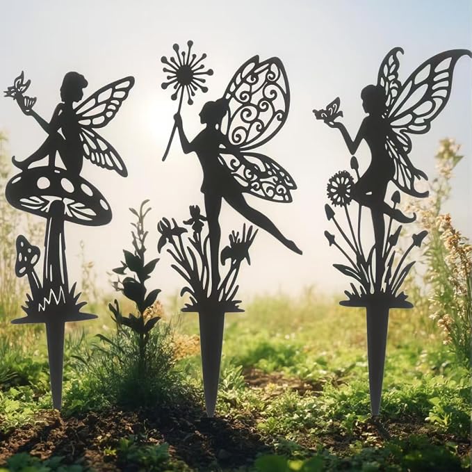 Decorative Garden Stakes, Fairy Garden Stakes, Butterfly Fairy Stakes for Weather Resistant Black Metal Outdoor Decorative Art for Women Gift (Matte Black, 3P-B)