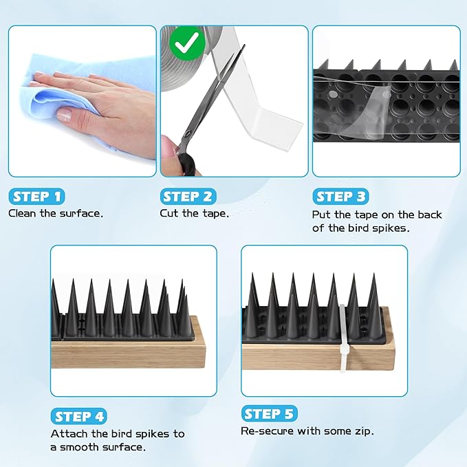 Ties and Tapes for Bird Spikes - 20PCS Plastics Zip Tie & 2PCS 3M Nano Adhesive Mounting Tape for Outdoor Use, Ideal for Keep Pigeons Cat Animal Away Plastic Spikes Bundling Fastening