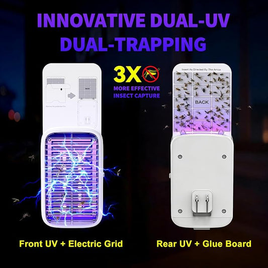 Upgraded Fruit Fly Traps for Indoors, Flying Insect Trap for Fruit Flies, Gnats, Plug in Bug Zapper Indoor with Dual-UV Lights & Trapping, Electric Grid & Glue Traps