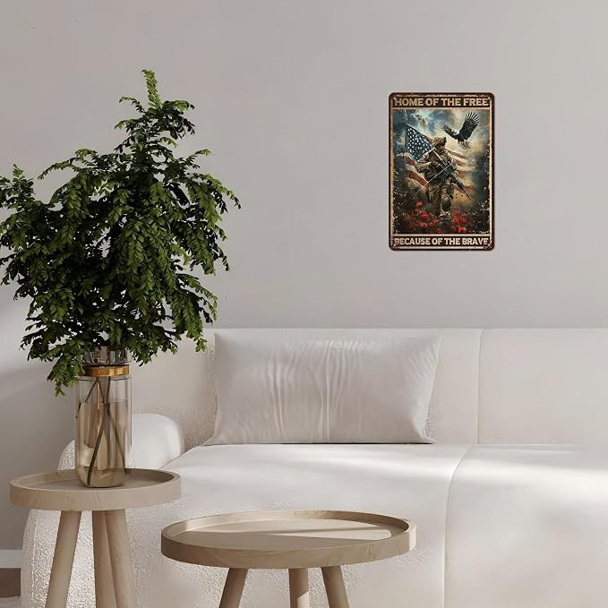 Vintage Army Tin Sign Home of the Free Because of the Brave Retro Wall Decor Nostalgic Art Funny Rustic Metal Poster Garage Store Cafe Happy Veterans Day Pubs Yard Toilet Bedroom 12 * 8inch