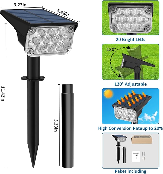 T-SUNUS Solar Spot Lights Outdoor 20 LED Landscape Lights 6000K Cool White, 2-in-1 Waterproof IP65 for Yard Garden Flag Tree Pathway Driveway Patio Halloween Christmas, Dusk to Dawn, 4 Pack