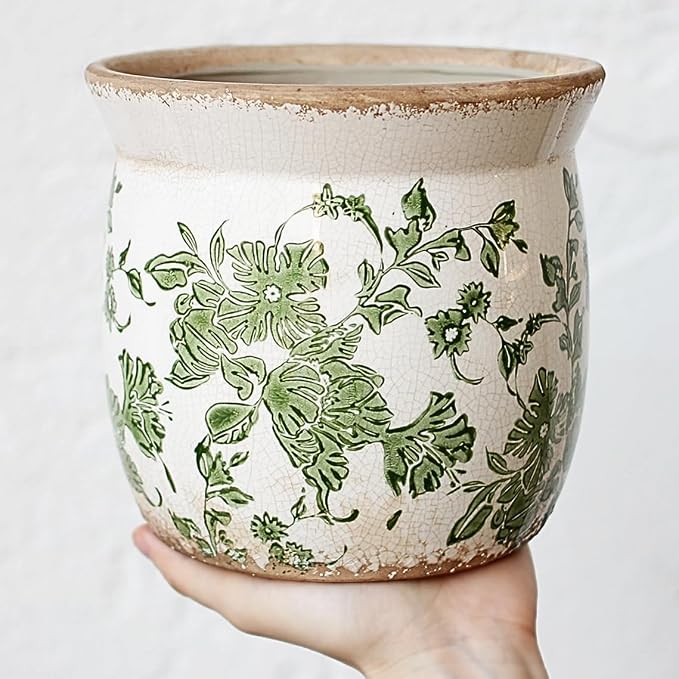 Xiaan Jiaju Vintage Farmhouse Ceramic Planter & Kitchen Utensil Holder - 6.21 Inch Tuscan Rustic Plant Pot with Drainage for Indoor/Outdoor Use, Garden & Home Decor, Unique Gift (Green Leaf)