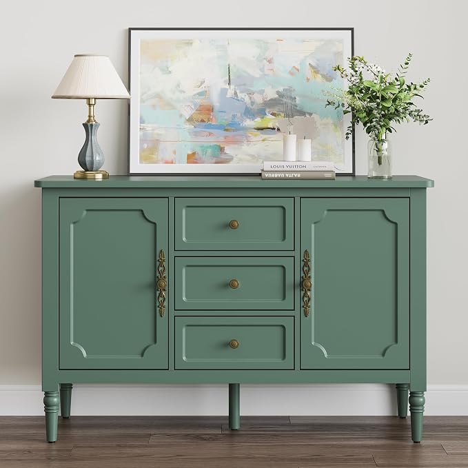 RoyalCraft Buffet Cabinet with 2 Doors & 3 Drawers, Vintage Sideboard with Storage, Painted Coffee Bar Table with Solid Wood Legs, Ideal for Kitchen, Living Room, Dining Room, Green
