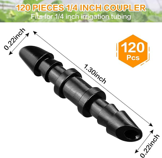 Gardrip Drip Irrigation Coupling Fittings:120 Pieces Barbed Coupler Irrigation Parts with Sharp End Fits for 1/4 Inch Irrigation Tubing Drip Line Connectors for Garden Lawn Irrigation System