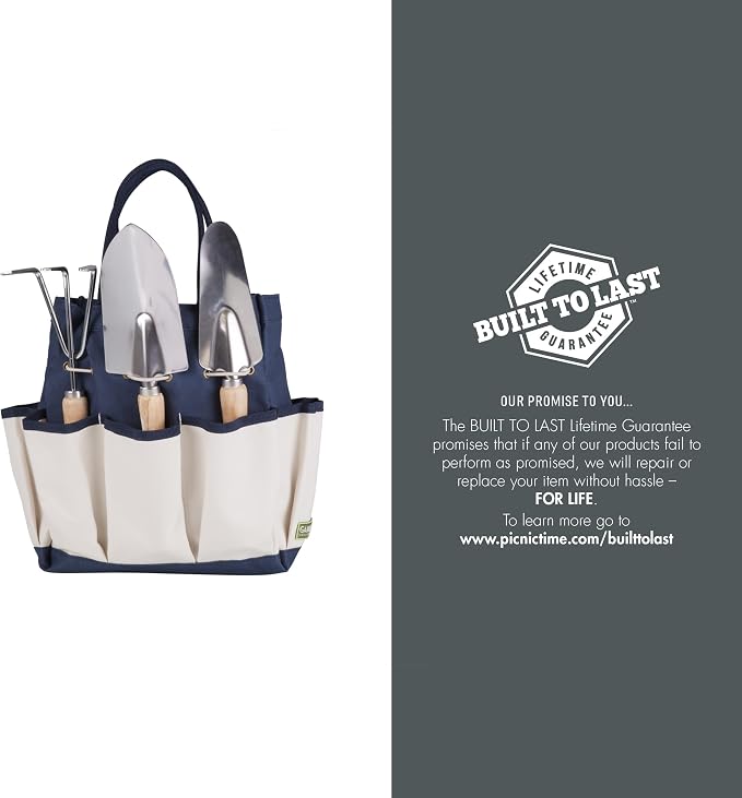 Picnic TIME Disney Mickey Mouse Garden Tote with Tool Set, Durable Garden Tool Organizer Bag with 3 Hand Tools and Exterior Pockets, Giftable Gardening Essential, (Navy Blue with Beige Accents)