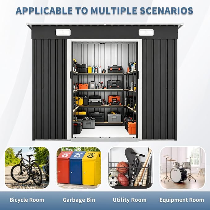 YOPTO 8X4 FT Metal Lockable Outdoor Storage Shed W/Air Vents,Black | Galvanized Steel Shed W/ Sliding Lockable Door,Threshold,Sloped Roof,All Weather Waterproof for Garden,Patio,Backyard,Lawn